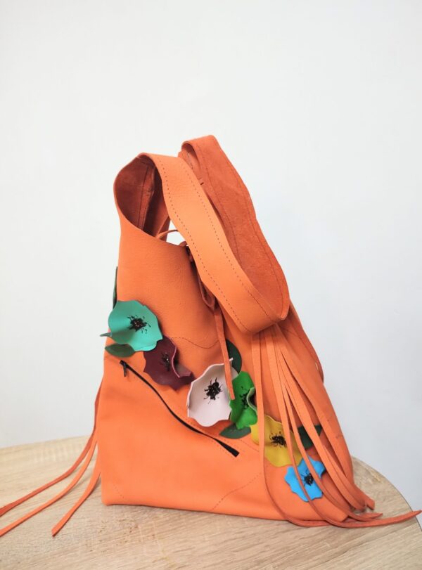 Geanta sac din piele naturala portocalie , lucrata manual