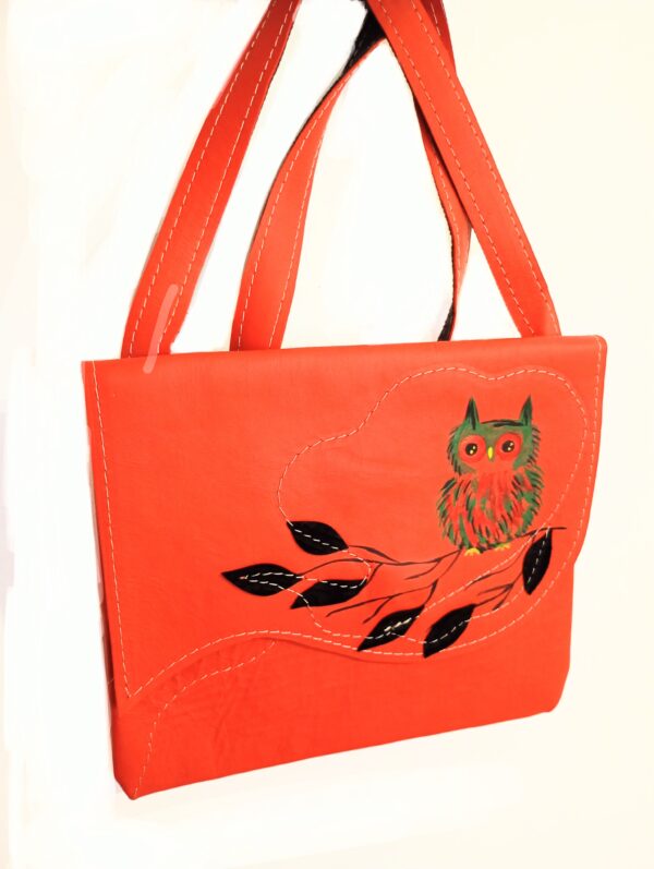 Geanta corai din piele naturala, cu bufnita pictata manual