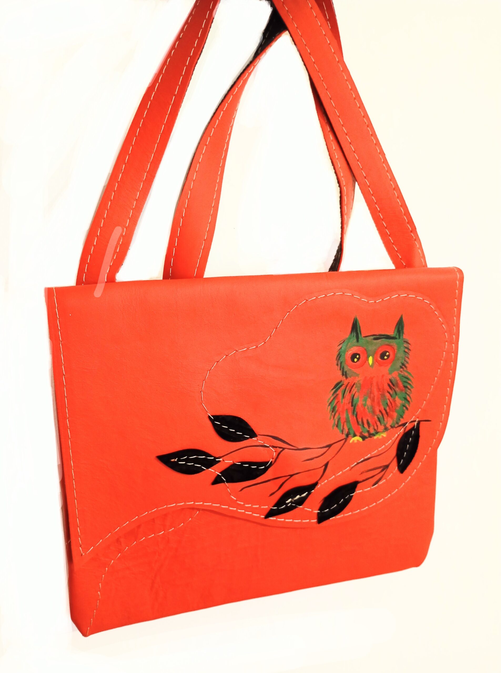 Geanta corai din piele naturala, cu bufnita pictata manual - imagine 2