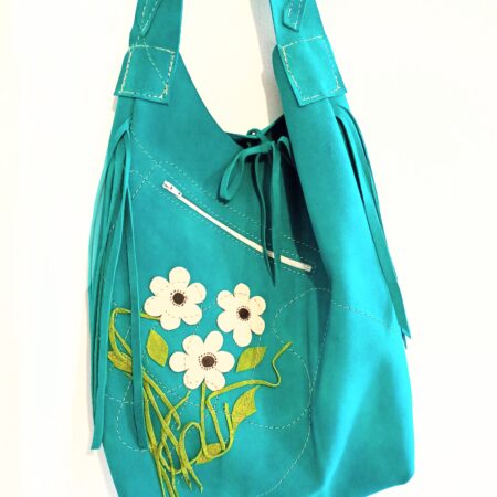Geanta turcoaz cu crizanteme, lucrata manual din piele naturala