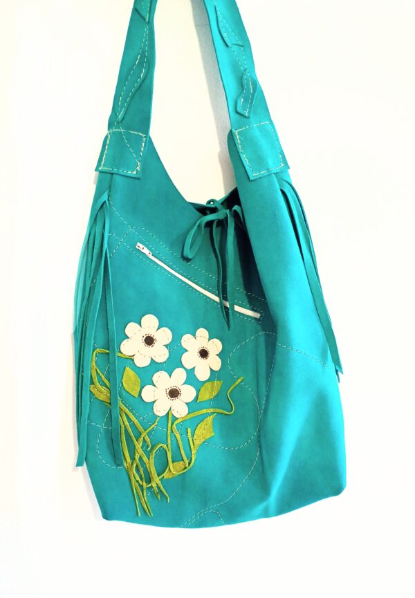 Geanta turcoaz cu crizanteme, lucrata manual din piele naturala