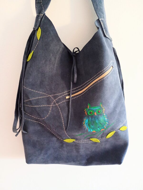 Geanta bleumarin din piele naturala cu bufnita pictata manual