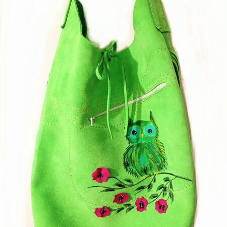 Geanta verde din piele naturala,cu bufnita pictata manual