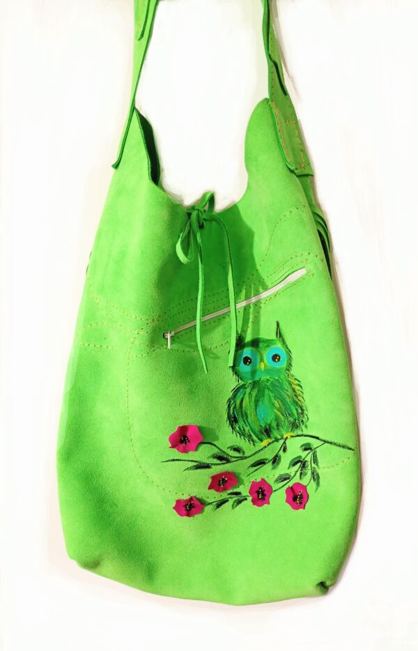 Geanta verde din piele naturala,cu bufnita pictata manual