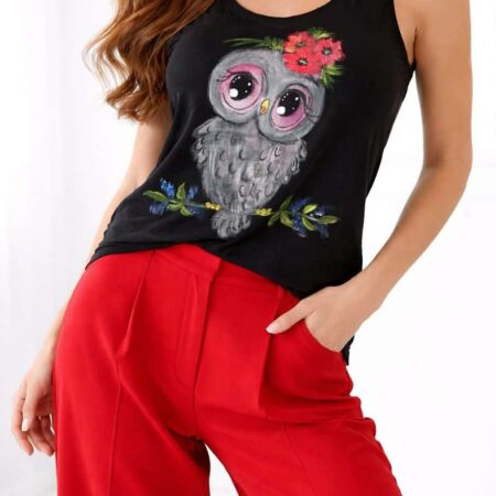 Maiou negru din bumbac cu bufniță pictată manual