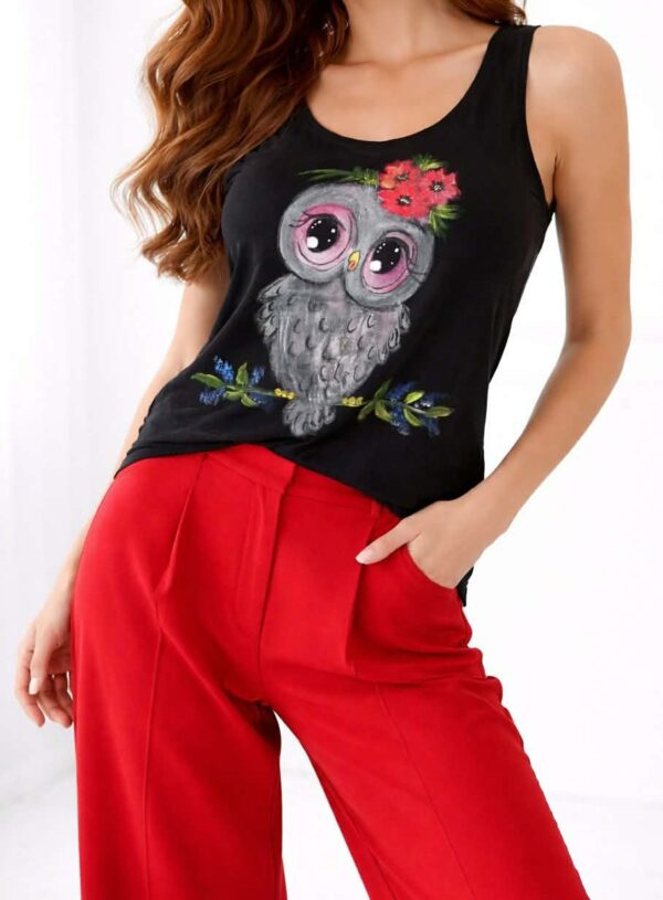 Maiou negru din bumbac cu bufniță pictată manual