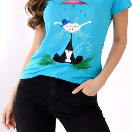 Tricou turcoaz din bumbac cu pisicuță și umbrela pictata manual