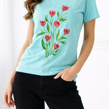 Tricou bleu din bumbac ,cu lalele pictate manual