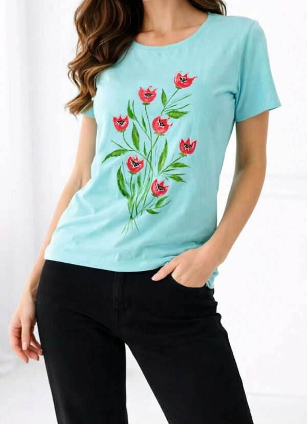 Tricou bleu din bumbac ,cu lalele pictate manual