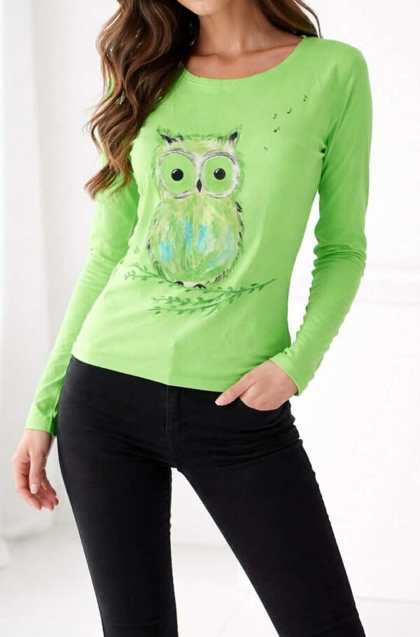 Bluză verde  din bumbac ,cu bufniță pictată