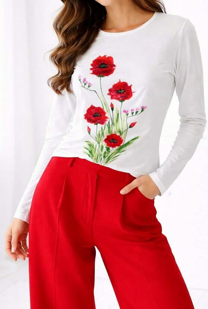 bluza alba bumbac cu maci pictati manual