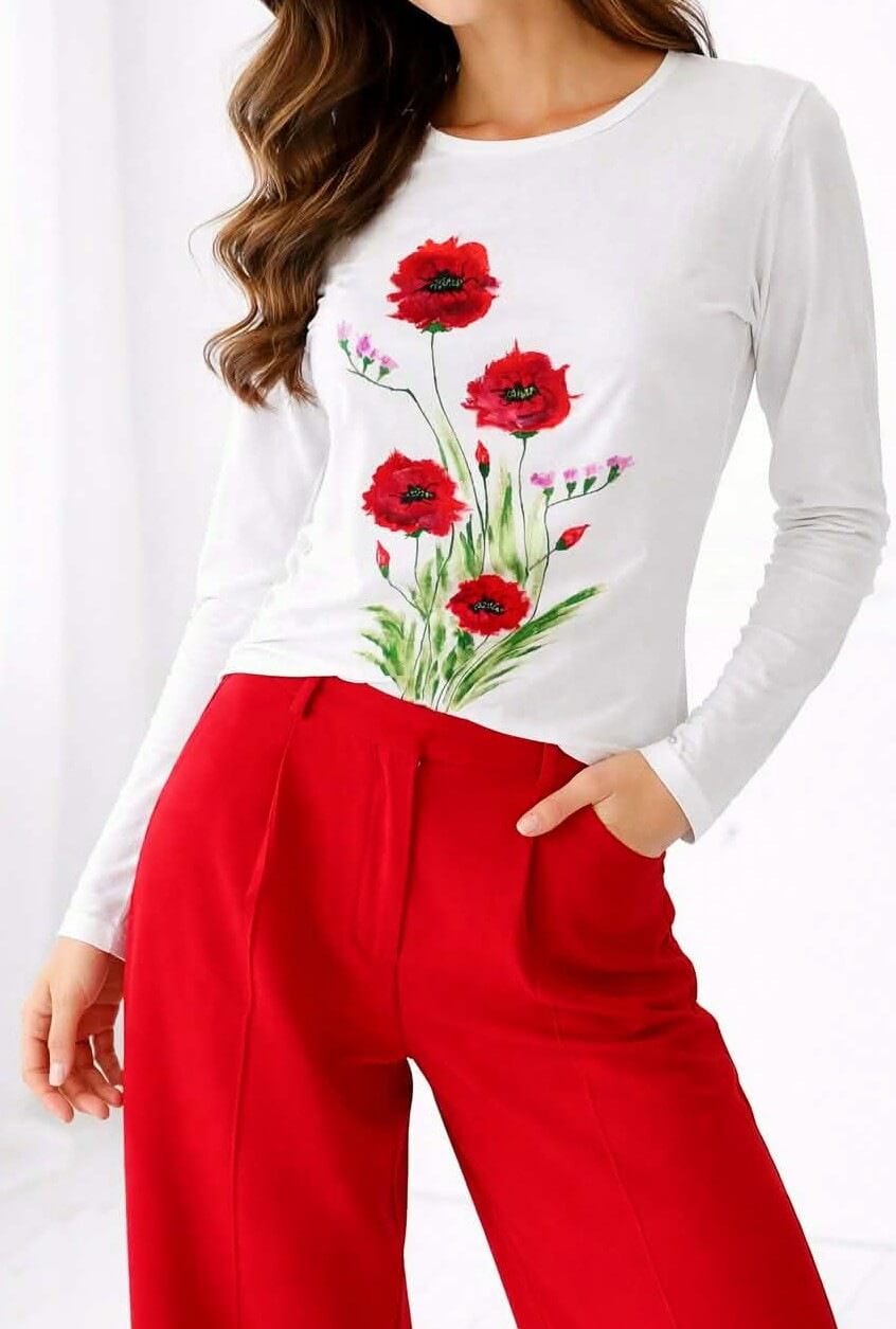 bluza alba bumbac cu maci pictati manual