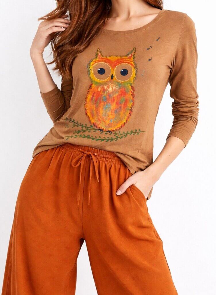 bluza din bumbac maro pictata cu bufnita
