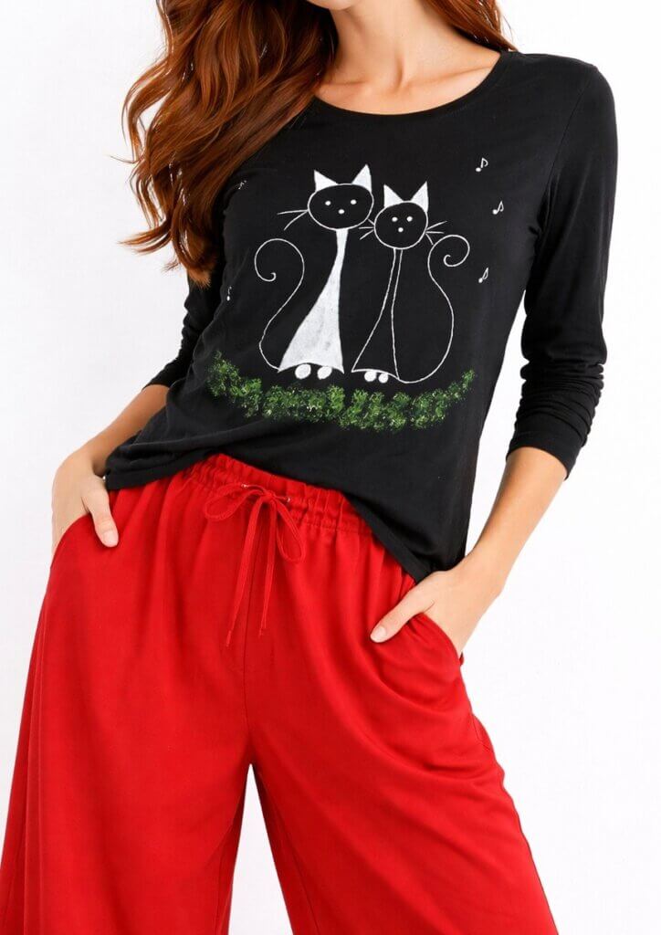 bluza neagra din bumbac cu pisicute pictate manual