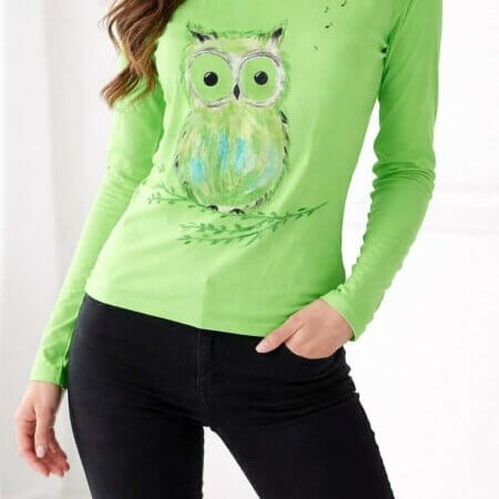 bluza verde din bumbac cu bufnita pictata manual