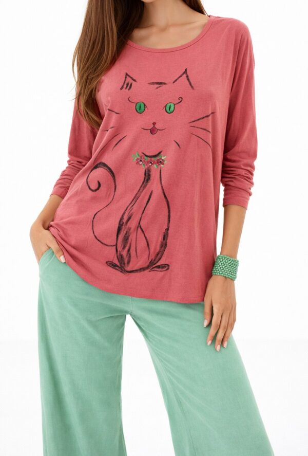 Bluză cărămizie din bumbac, cu pisicuță stilizată,pictată manual