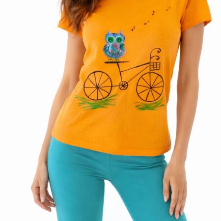 Tricou portocaliu din bumbac cu bufniță pictată manual