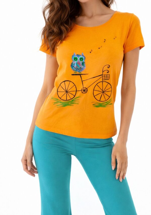 Tricou portocaliu din bumbac cu bufniță pictată manual