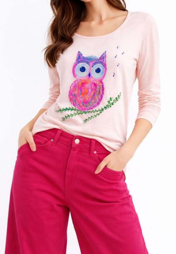 Bluza roz pal din bumbac ,cu bufnita pictata manual