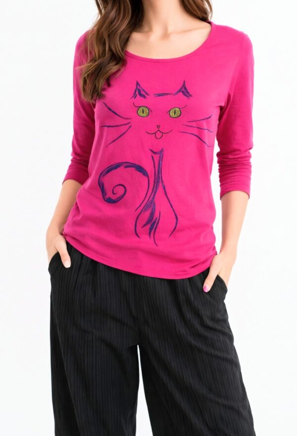 Bluza fuchsia din bumbac, cu pisicuta pictată manual