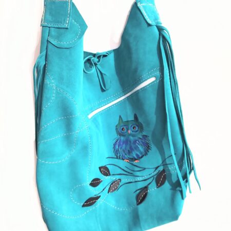 Geanta turcoaz, cu bufnita pictata manual
