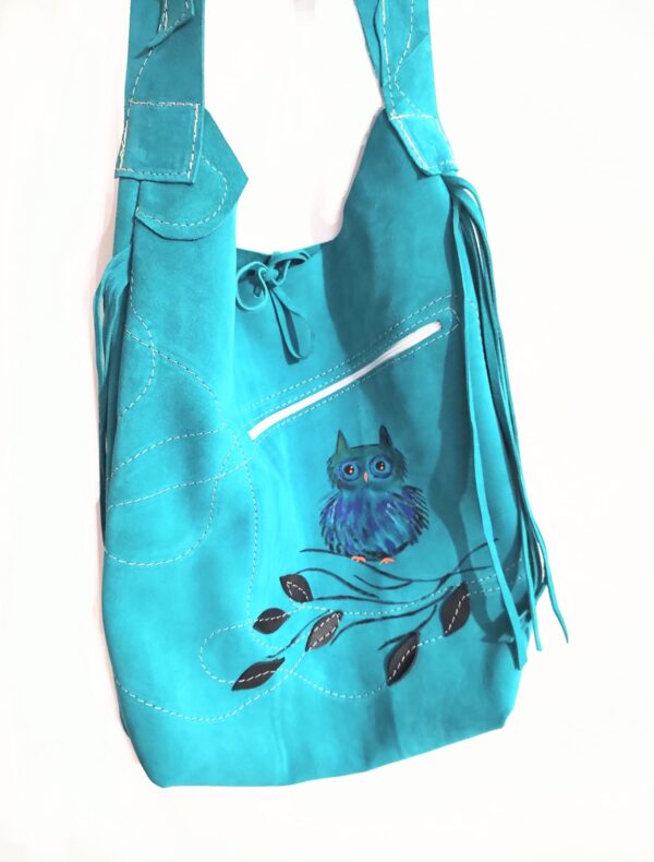 Geanta turcoaz, cu bufnita pictata manual