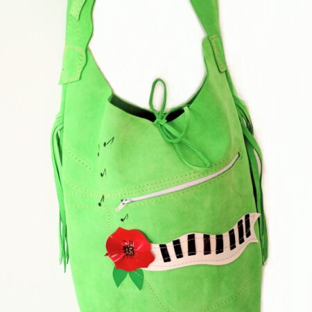 Geanta sac realizată manual din piele naturala verde crud ,cu mac și pian