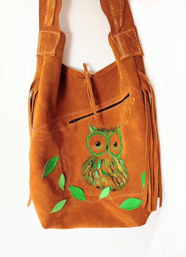 Geanta Camel din piele naturala cu bufnita pictata