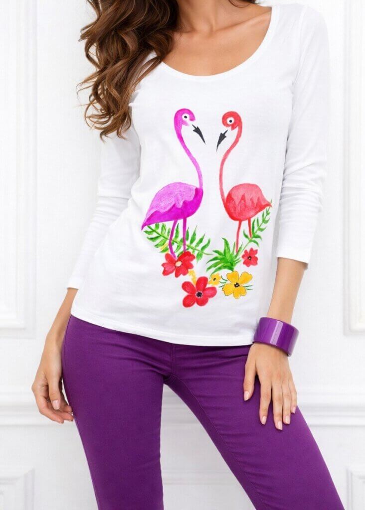 bluza alba bumbac cu flamingo pictat