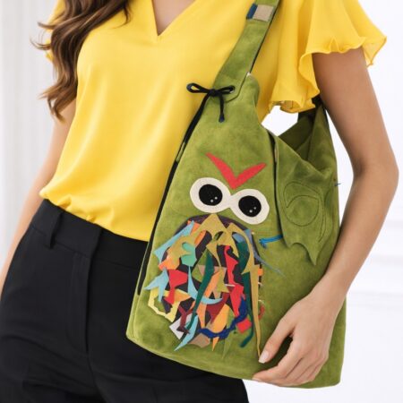 Geanta verde olive din piele naturala,cu bufnita multicolora