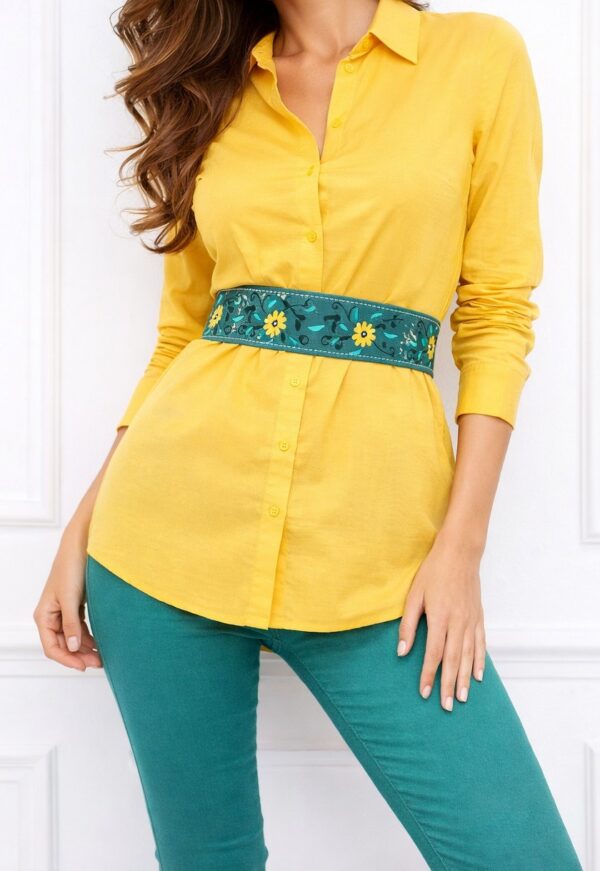 Centura albastra din piele cu flori pictate manual