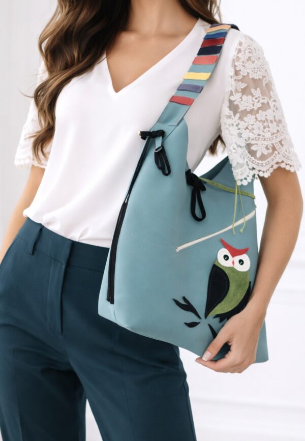 Geanta bleu prăfuit din piele naturala cu bufnita