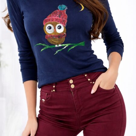 Bluza bleumarin din bumbac cu bufnita pictata manual