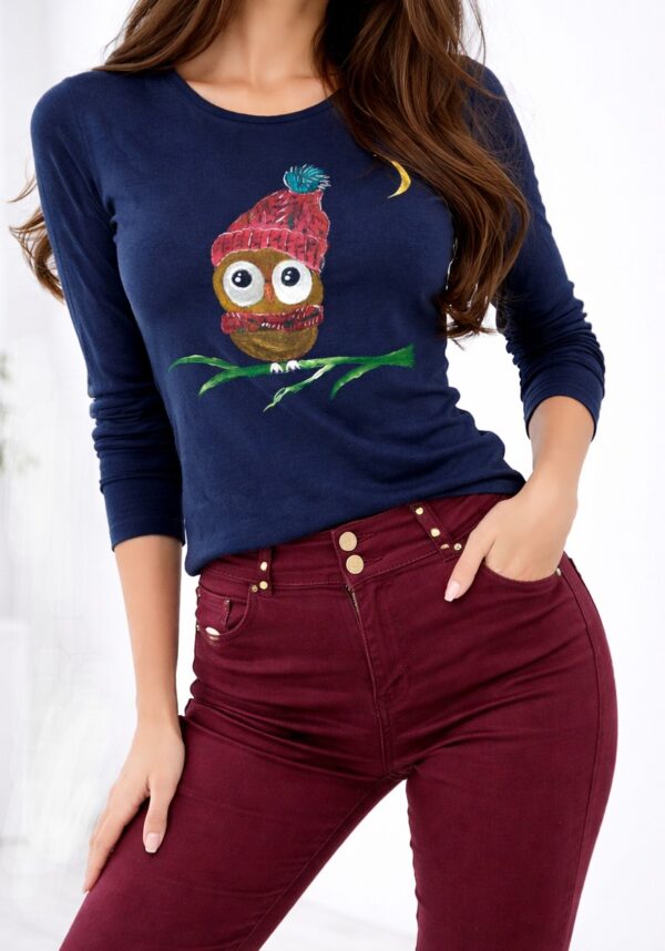 Bluza bleumarin din bumbac cu bufnita pictata manual