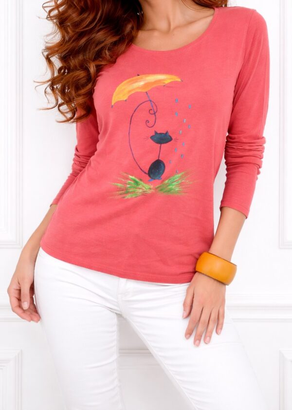 Bluza din bumbac ,cu pisicuță și umbrela ,pictata manual