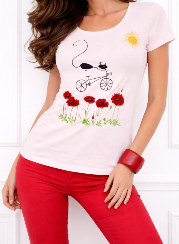 Tricou din bumbac ,cu maci și pisicuța, pictat manual