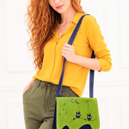 Borseta crossbody din piele naturală cu pisicuțe pictate manual