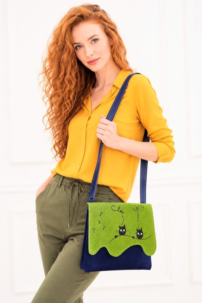 Borseta crossbody din piele naturală cu pisicuțe pictate manual