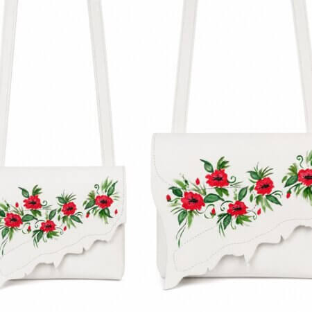 Set gentuțe albe din piele naturală pentru mamă fiică ,lucrate manual ,cu maci pictați