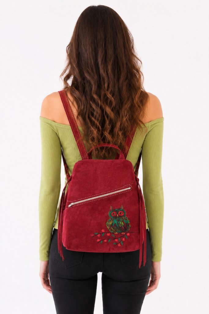Rucsac bordeaux din piele naturală,cu bufnita pictata manual