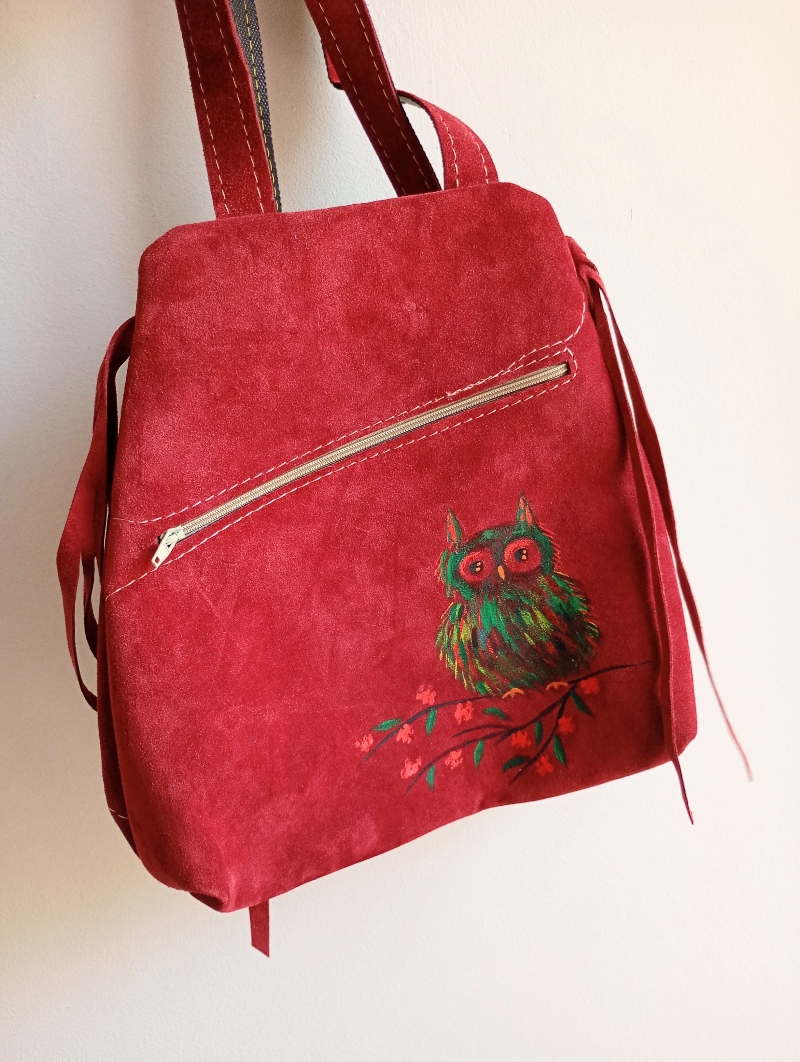 Rucsac bordeaux din piele naturală,cu bufnita pictata manual - imagine 2