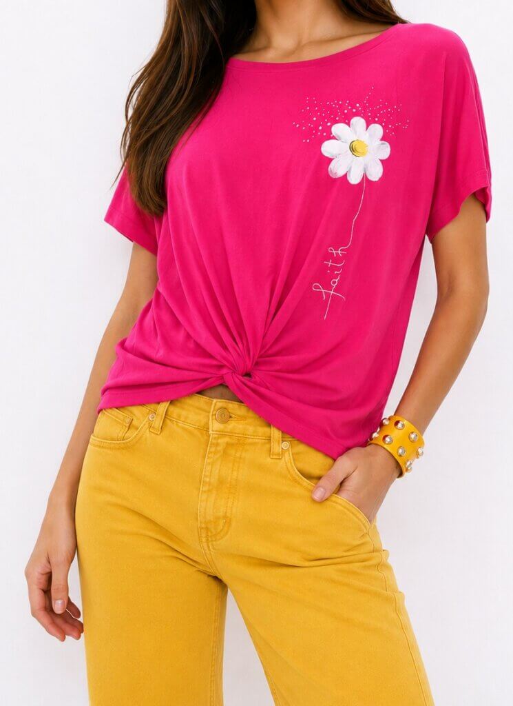 Bluza fuchsia din bumbac cu crizantema pictata manual și mesaj