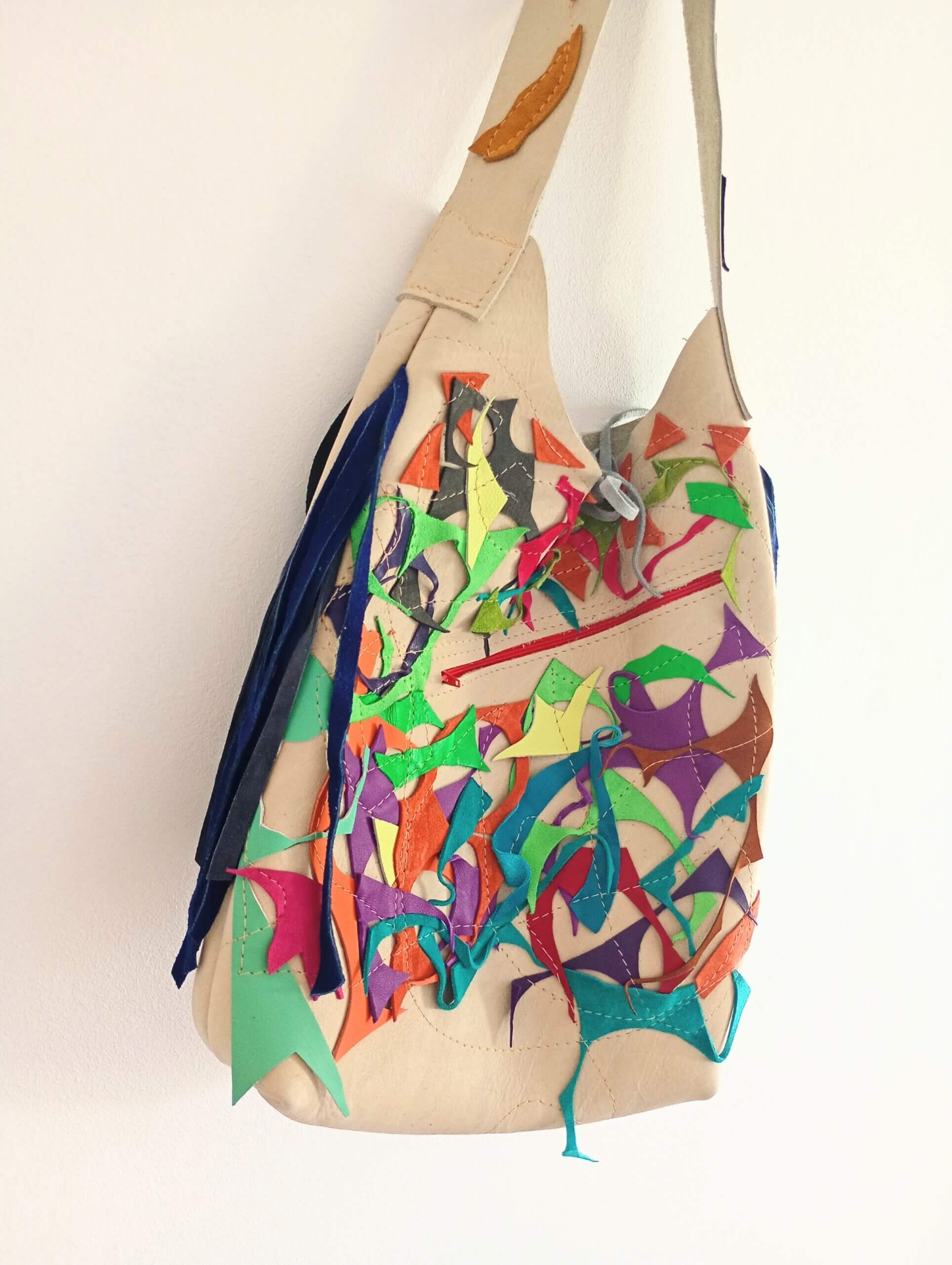 Geanta handmade multicoloră din piele naturală - imagine 2